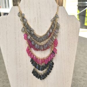 Multi Strand Multi color hanging beads Necklace Gold Tone chain
